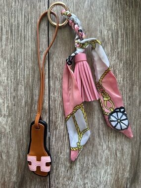Pink Scarf Tassel Bag charm/ Keychain with Tan Leather Sandal Charm